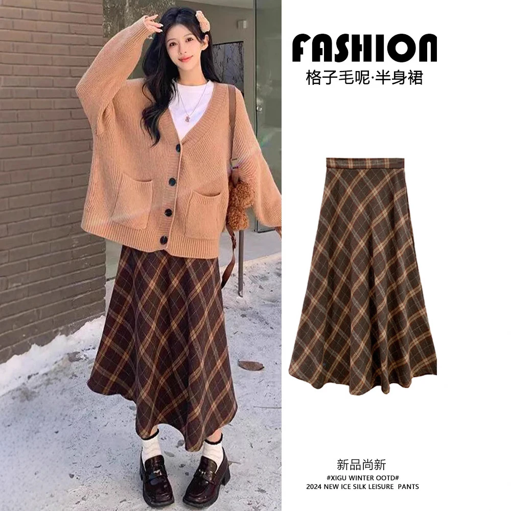 成人毛呢咖色格子半身裙女2025秋冬新款复古高腰遮胯显瘦a字中长