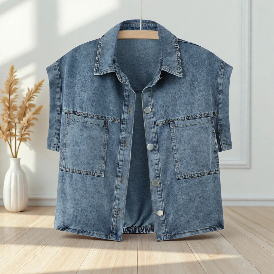 短袖薄款洋气休闲百搭防晒牛仔马甲衬衫女飞飞袖衬衣复古夏季宽松