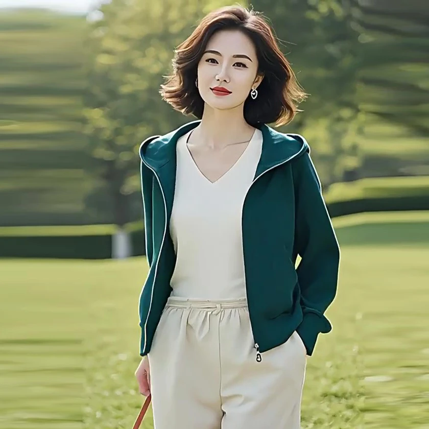 洋气减龄绿色连帽卫衣女春季高级感开衫休闲外套气质百搭显瘦上衣