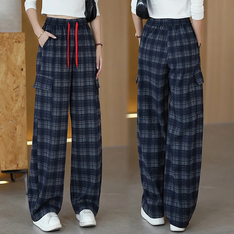 复古格纹抽绳阔腿裤女2025秋季新款高腰显瘦宽松百搭街头加厚长裤
