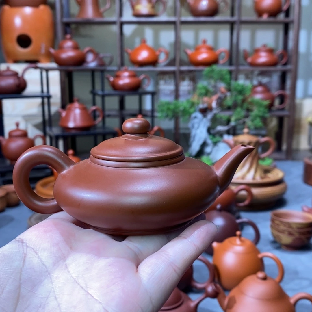 紫砂茶壶全手拉朱泥虚扁壶100cc