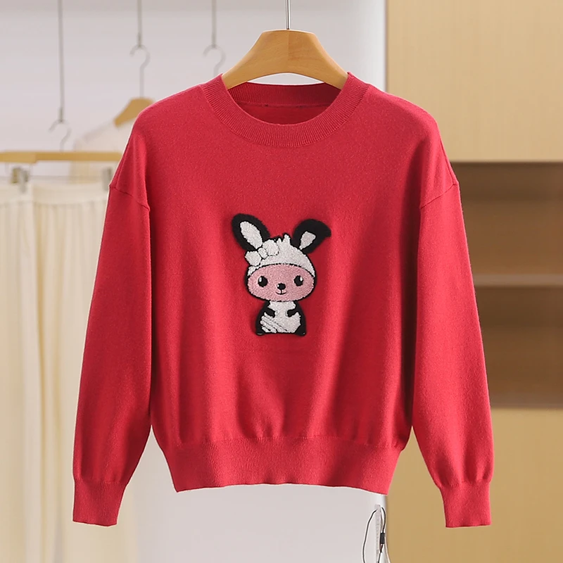 【伍莎-自营】洋气可爱卡通印花圆领纯色宽松针织衫#MBT45M011