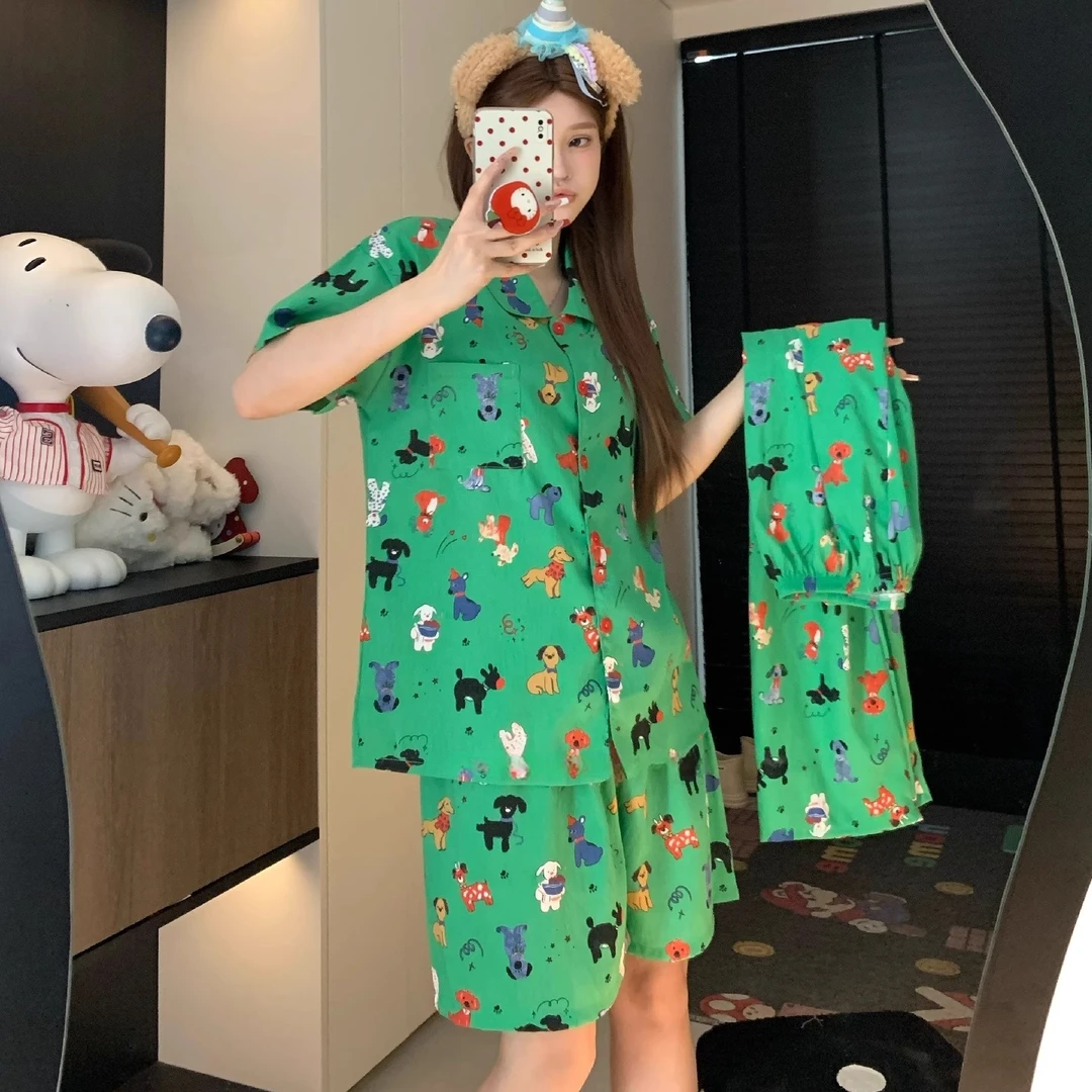 夏季云朵棉绿色小狗睡衣女三件套短袖韩版卡通宽松甜美家居服套装