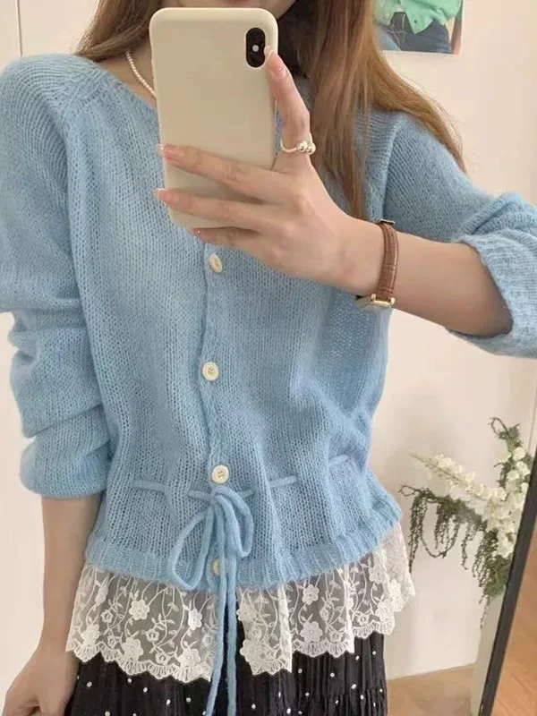 Nc341韩系甜美减龄蕾丝花边收腰系带针 织开衫女春宽松显瘦