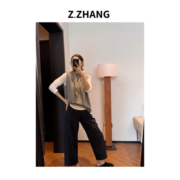 ZZHANG极简百搭100棉羊毛马甲配围巾