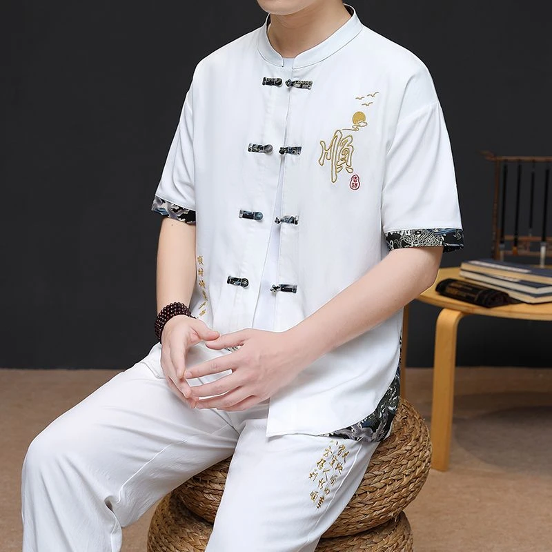 稻草人男装夏季新款中国风短袖套装彩绘印花植物花痞帅英伦风男装