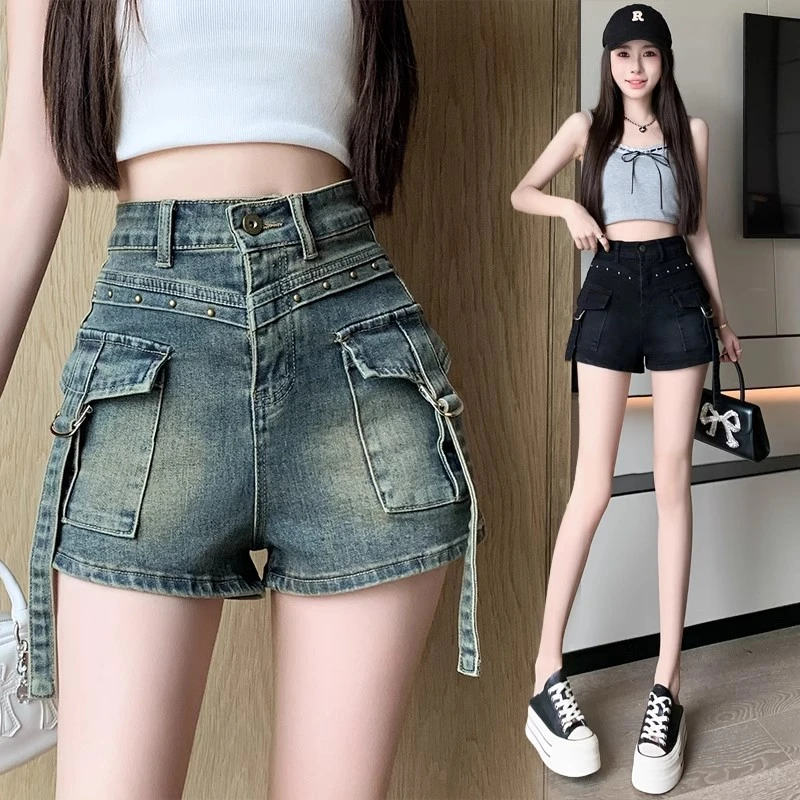 复古美式牛仔短裤2025新款女夏季高腰时尚显瘦辣妹包臀弹力热裤潮