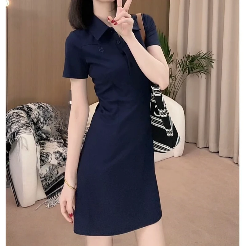韩版POLO领藏青色气质百搭连衣裙女2025夏季新款纯色显瘦休闲裙子