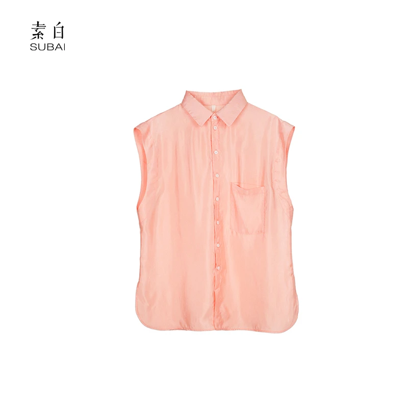 素白【水晶】时尚清爽经典衬衫领百搭铜氨丝无袖衬衫SB2504CP01411