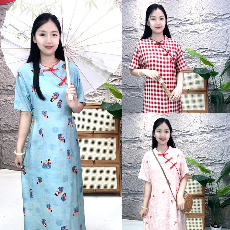 【棉绸盘扣旗袍-中袖】夏季气质改良新中式绑带收腰人造棉连衣裙