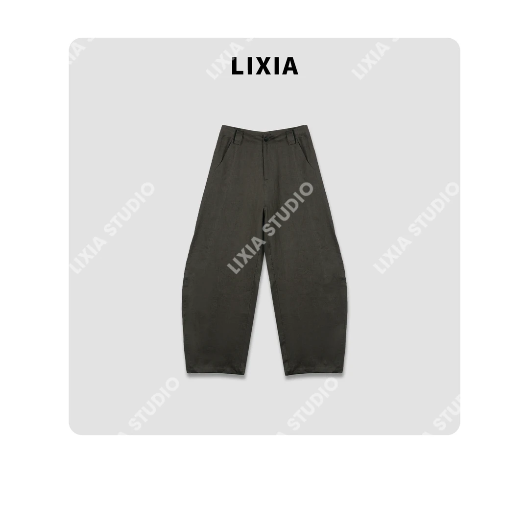 LIXIA【绿调季风】夏季时尚宽松亚麻灰绿弯刀裤休闲裤-D8707