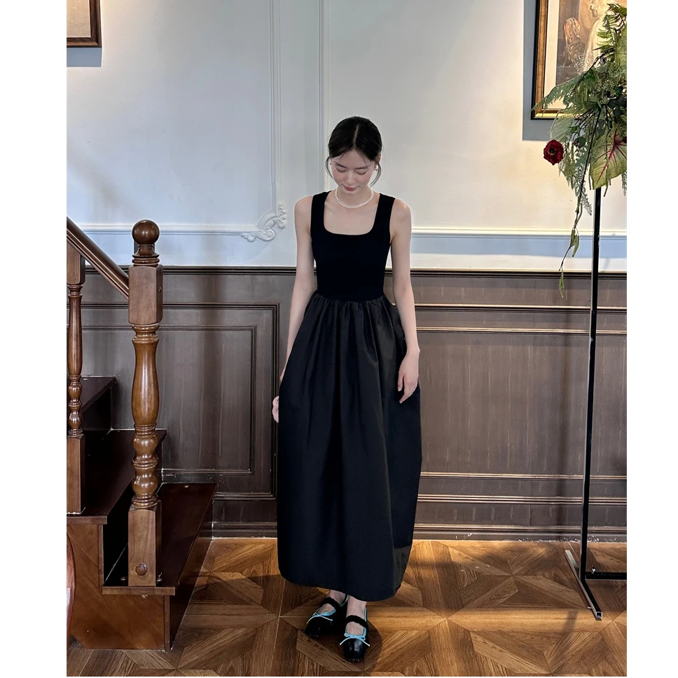 官图港风甜妹百搭连衣裙针织拼接气质蓬蓬纯色修身无袖背心连衣裙