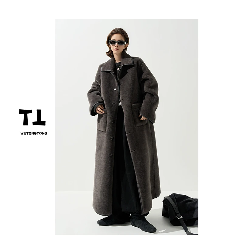 现货【月光海域】冬季毛绒双面穿长款风衣外套女韩版过膝大衣62850