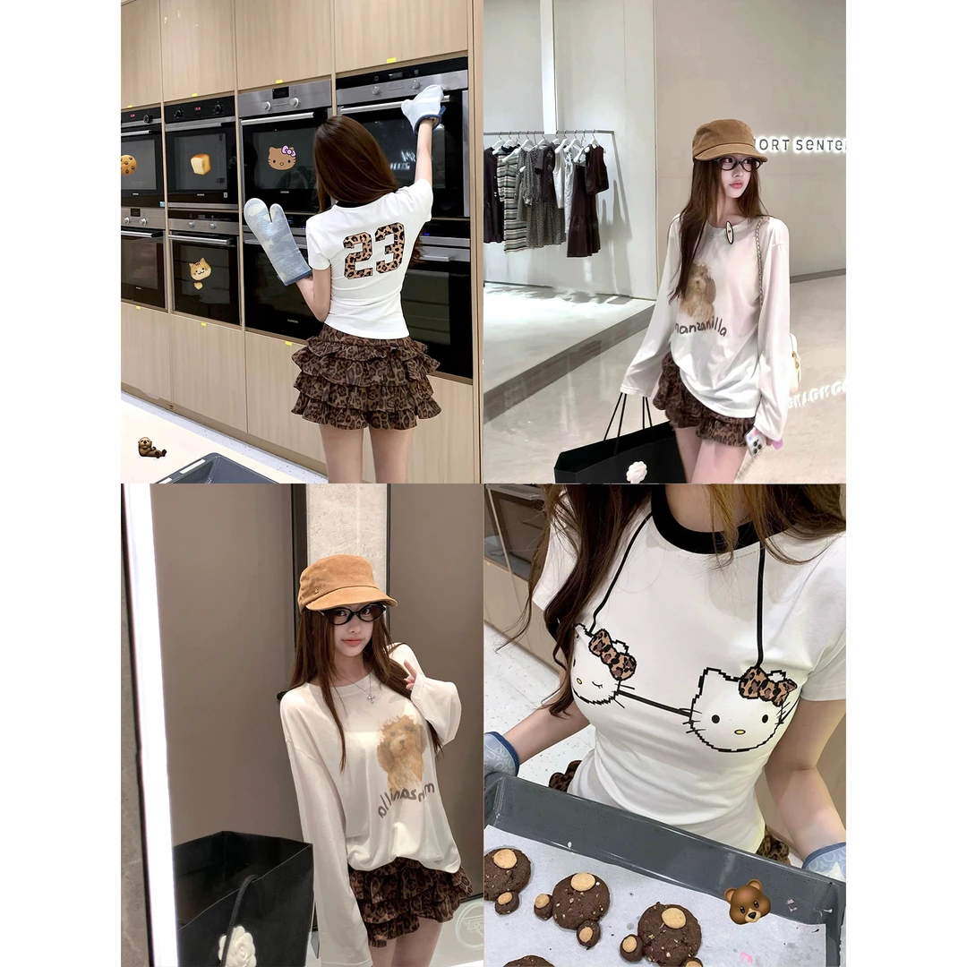kt猫豹纹涂鸦t恤+小狗印花防晒长袖t恤++古早辣妹蛋糕短裙L 8932#