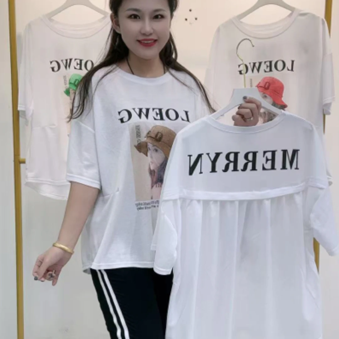 渔夫帽美女图后背字母休闲显瘦冰麻短袖010
