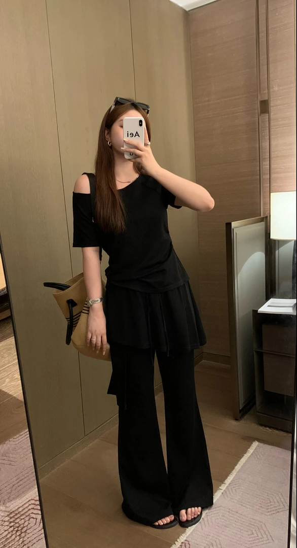 定制高奢【纸片人套装】设计感宽领可斜肩短袖T恤韩版垂感休闲裤