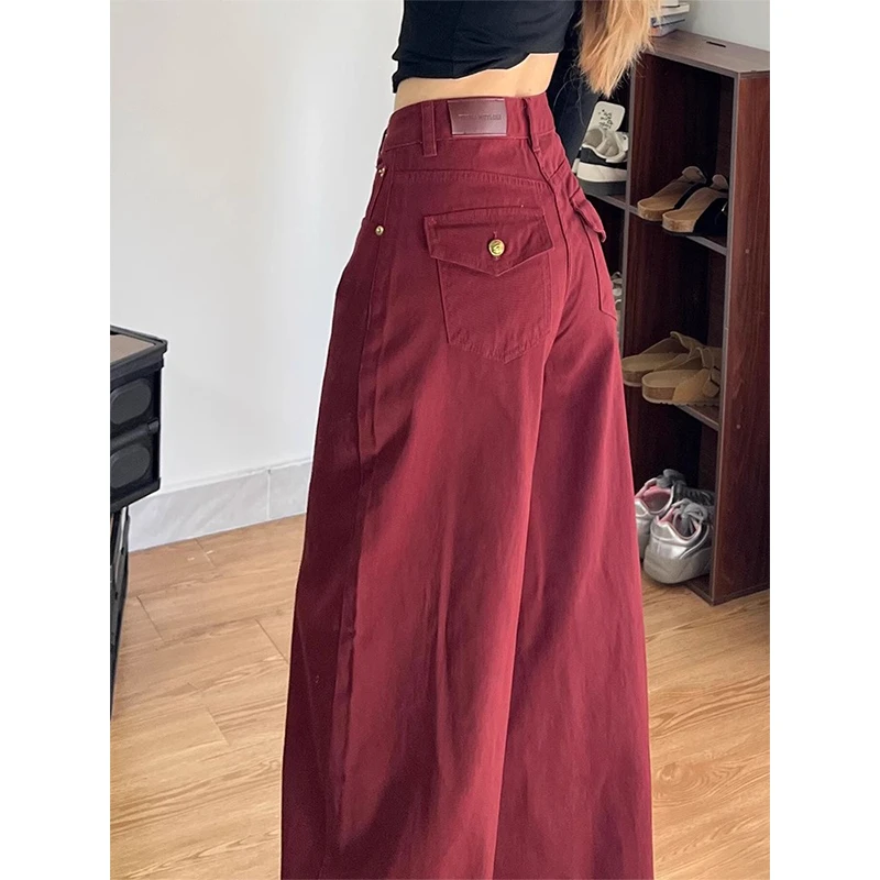 美式高街安可拉红阔腿牛仔裤女2025春季新款高腰宽松直筒拖地长裤
