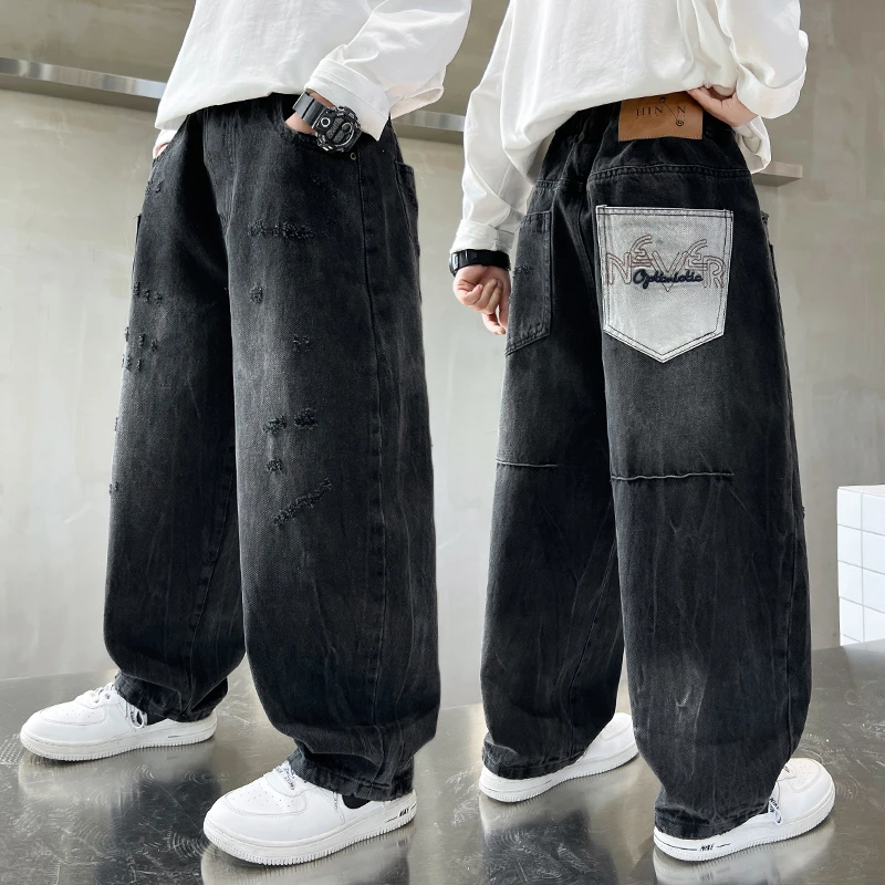 男童秋装潮牌牛仔裤大童长裤休闲2025新款儿童薄款裤子春秋款宽松