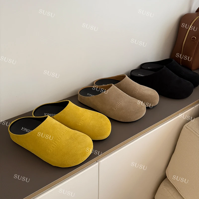 【芒果勃肯】真皮拖鞋Row风半托女鞋包头拖