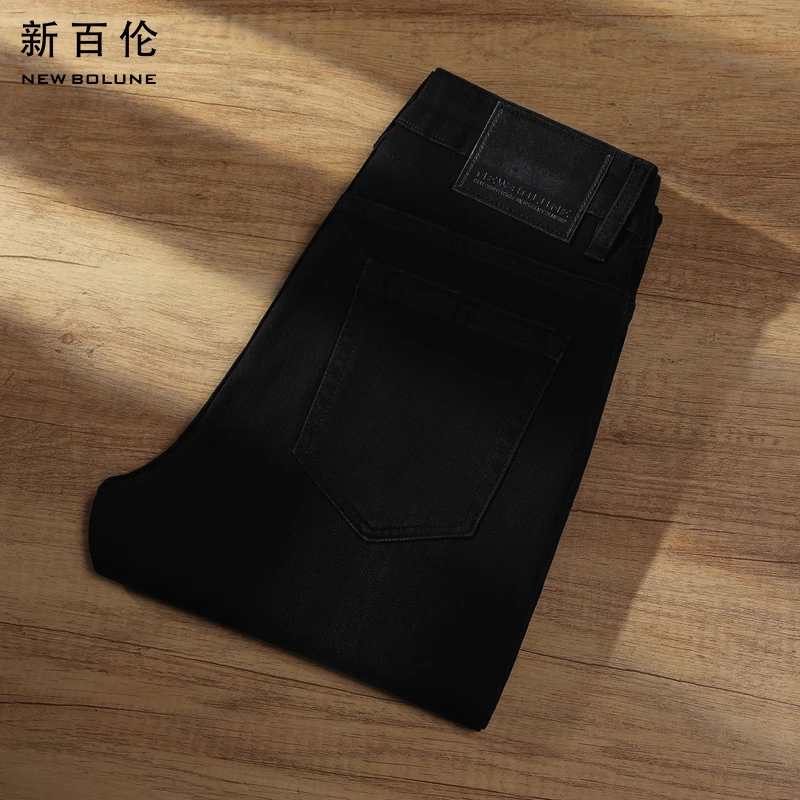 新百伦秋冬加绒男装黑灰色潮流牛仔裤2025新款修身直筒休闲长裤