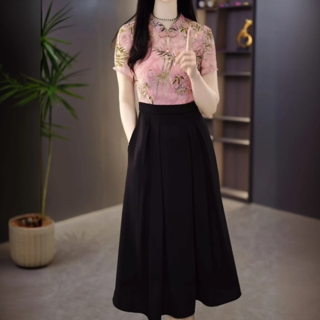 高级琉璃丝时尚洋气百搭碎花假两件礼服裙2025春夏新款显瘦连衣裙