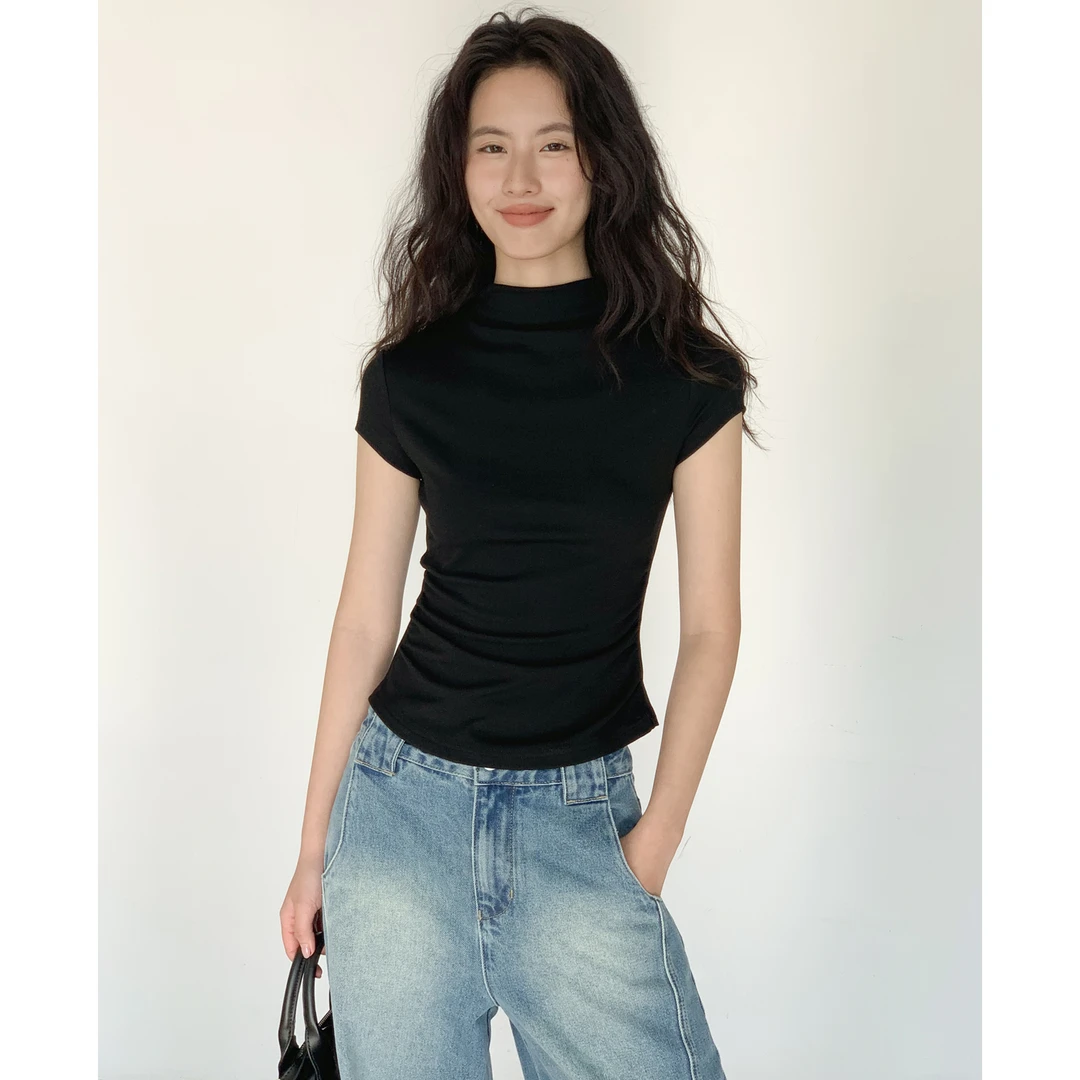 EIGHTHMONTH黑色短款辣妹显瘦T恤女2025夏季新款褶皱收腰AS91559