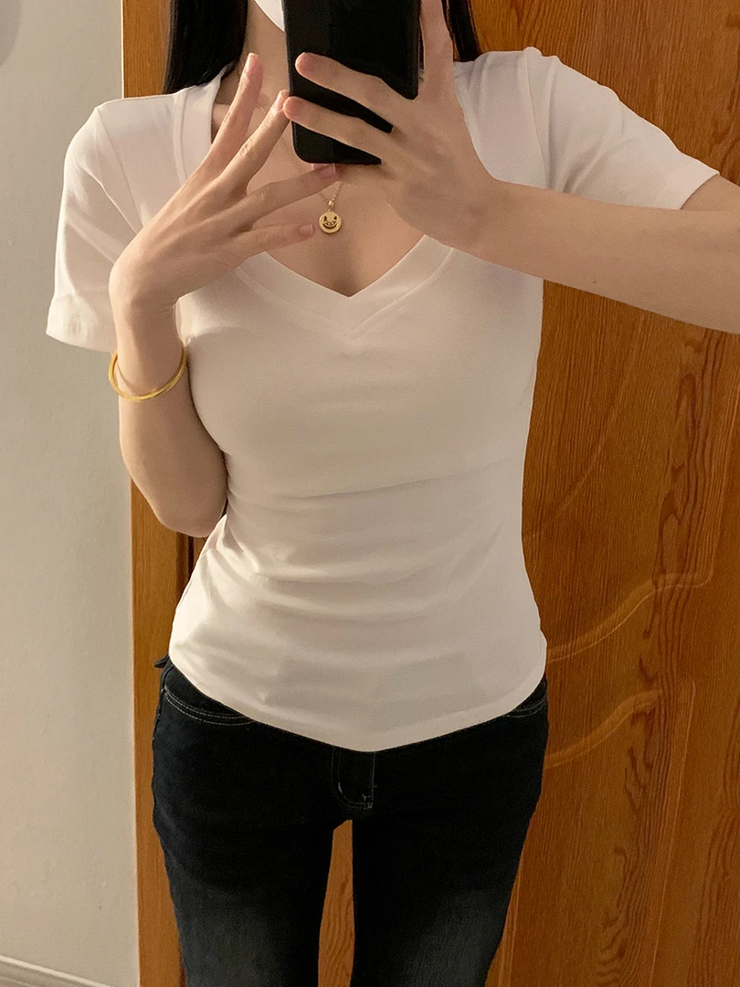 设计感纯色正肩V领短袖t恤女2025年春夏新款辣妹收腰修身打底上衣