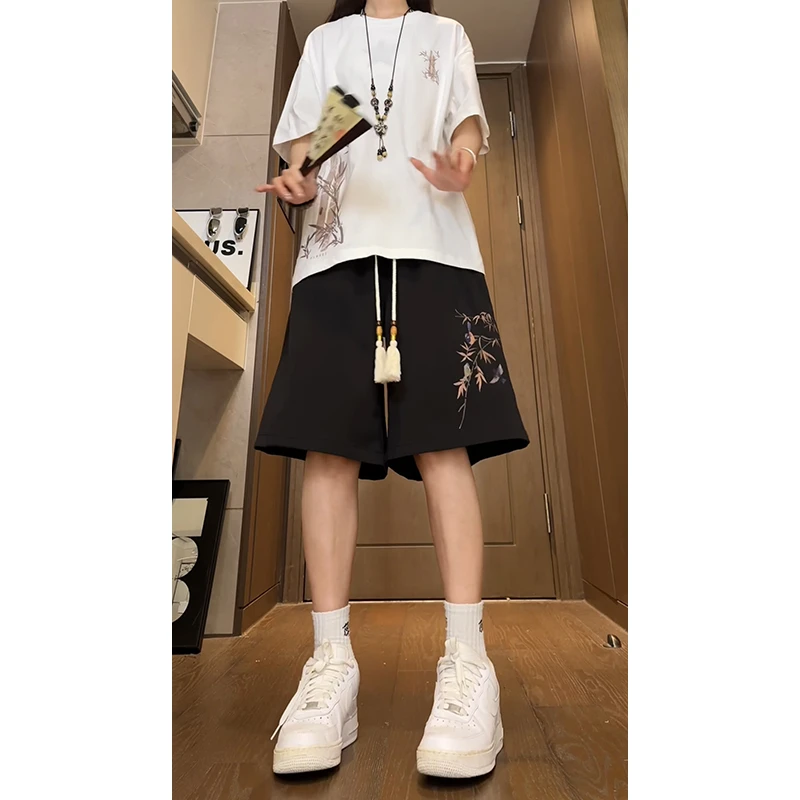 中国风流苏抽绳情侣款冰丝短裤男女2025夏季轻薄款宽松直筒五分裤