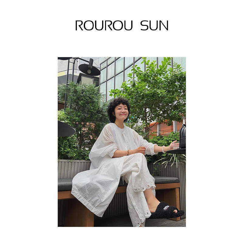 27091山本风圆领长袖衬衫女宽松中长款防晒上衣女