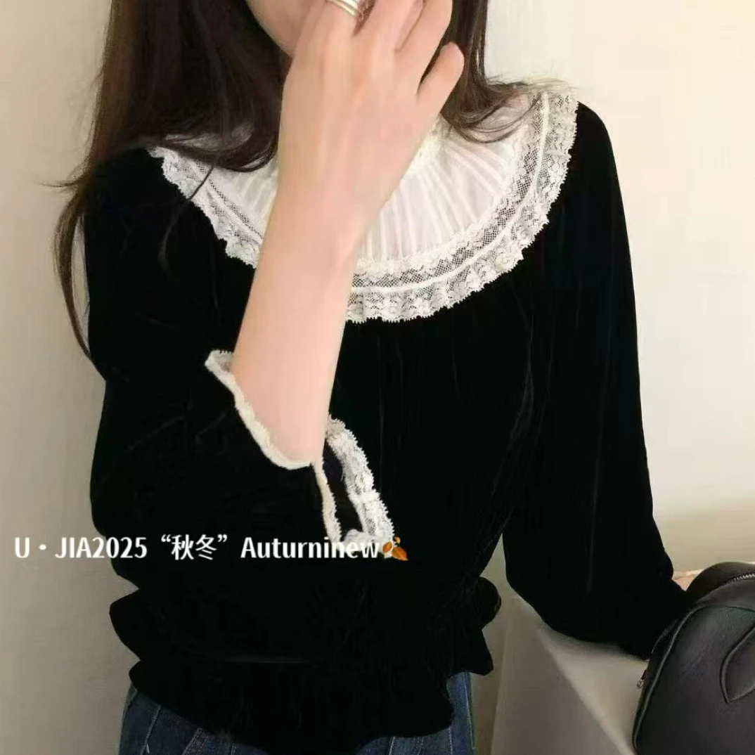 流光序曲法式复古赫本风蕾丝花边拼接黑色丝绒上衣