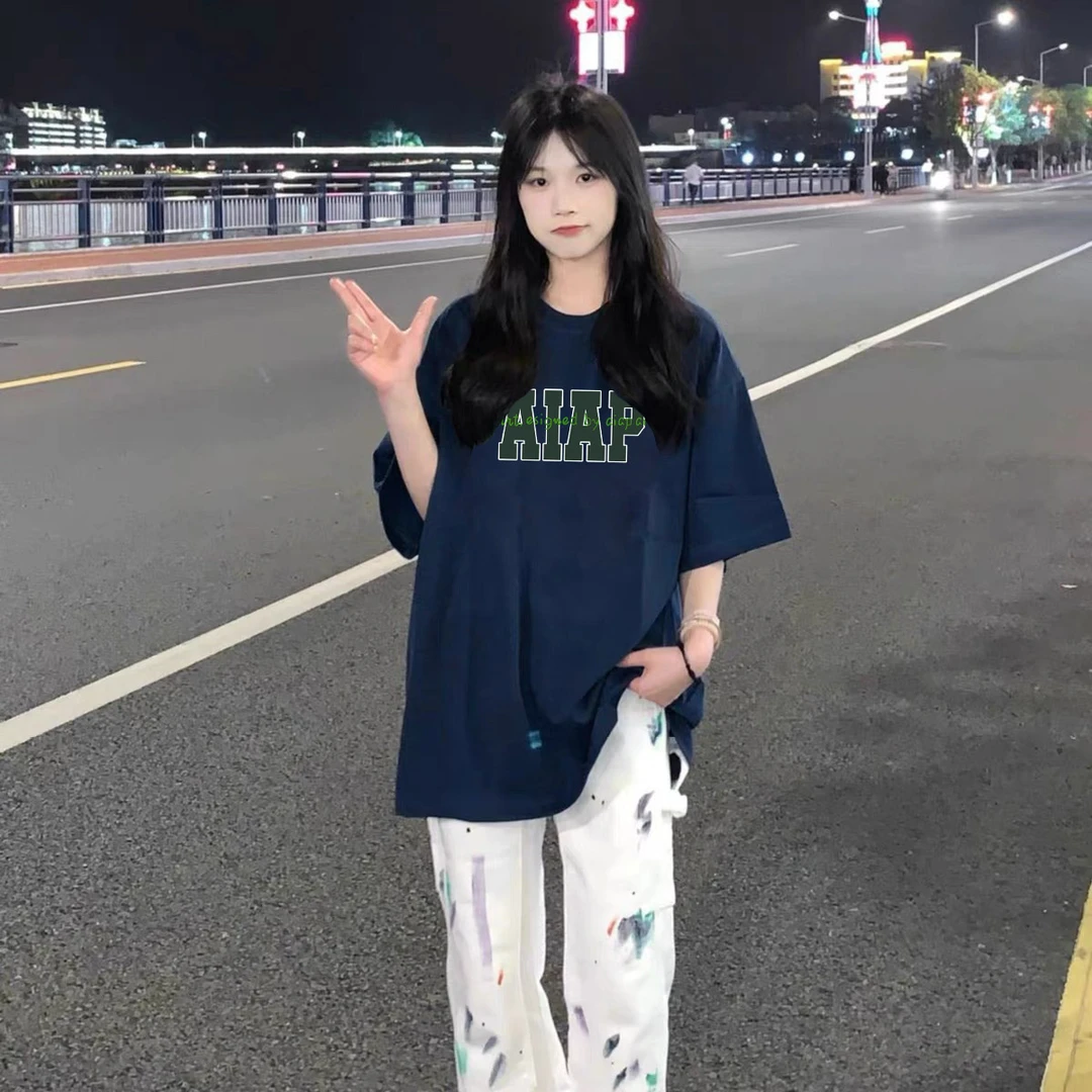 藏蓝色纯棉短袖T恤女夏季美式复古oversize宽松百搭休闲上衣潮ins