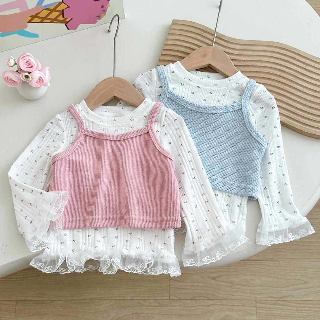 女童春装长袖打底衫背心两件套2025新款女宝秋季衣服洋气吊带上衣