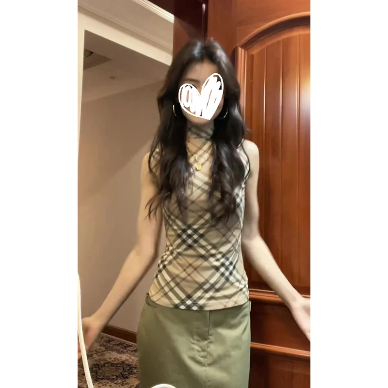 复古格纹设计无袖背心夏季收腰显瘦高领性感上衣中长款半身裙套装
