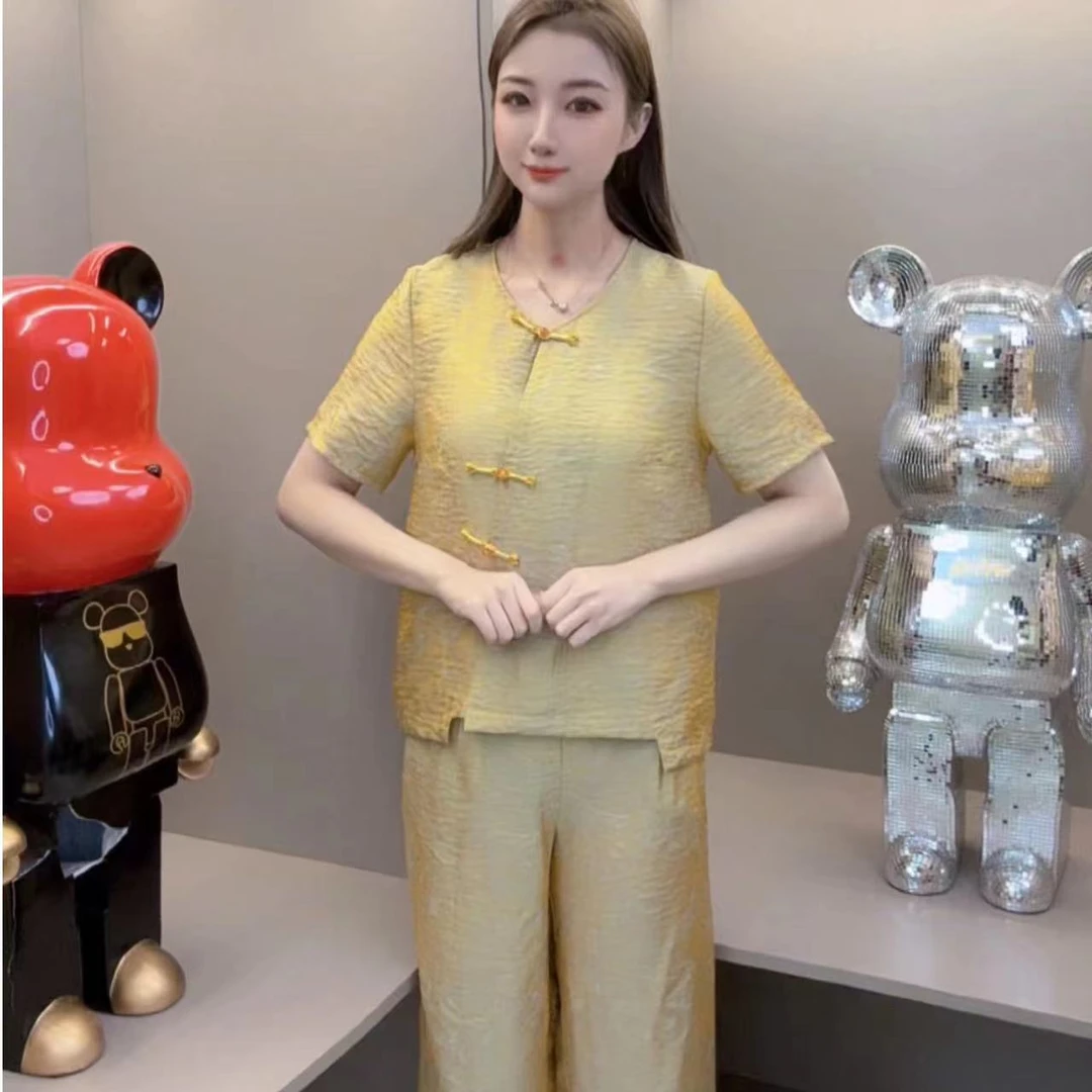 2025夏季新款提花国风盘扣上衣+裤子两件套