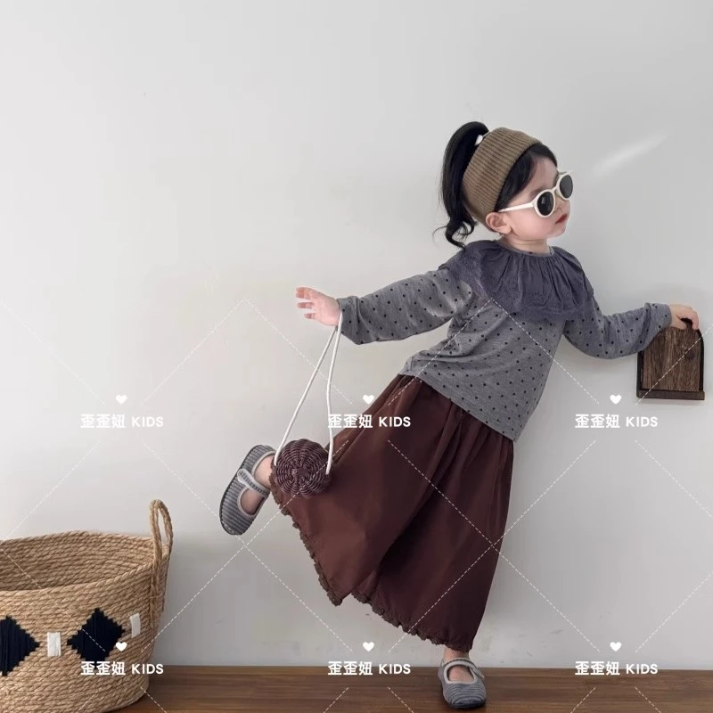 【歪歪妞童装】25217儿童可爱文艺范花边翻领圆点长袖T恤女童打底衫
