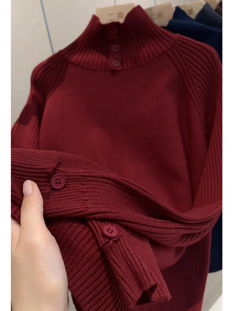 高级感红色半高领针织衫女2025秋冬新款保暖舒适显瘦洋气毛衣外套