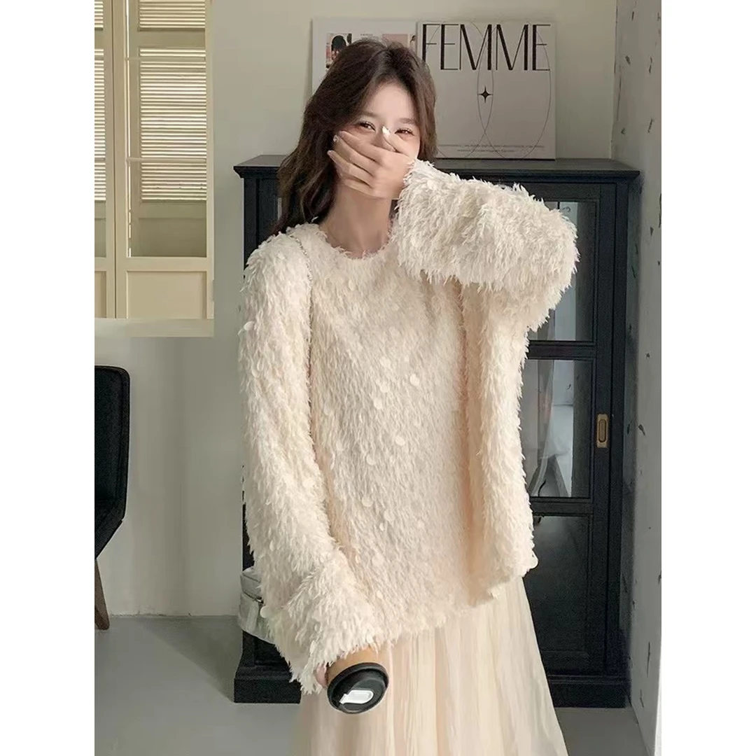 AF初沫 8272 米白色小香风亮片流苏毛毛超好看韩系气质长袖衬衫