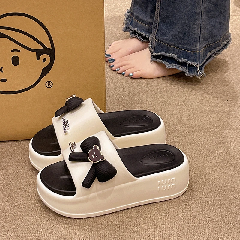 松糕凉拖鞋女夏季外穿可爱蝴蝶结小熊厚底增高室内居家防滑一字拖