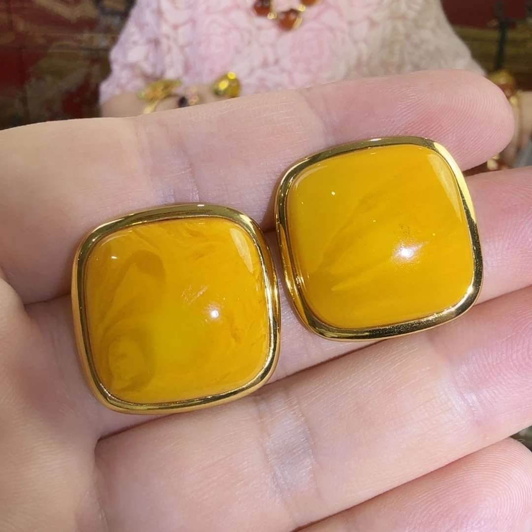 蜜蜡银S925镀金镶嵌耳钉