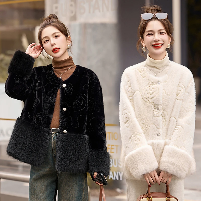 新品现货冬季新款重工刺绣高级感仿兔毛皮毛一体短款