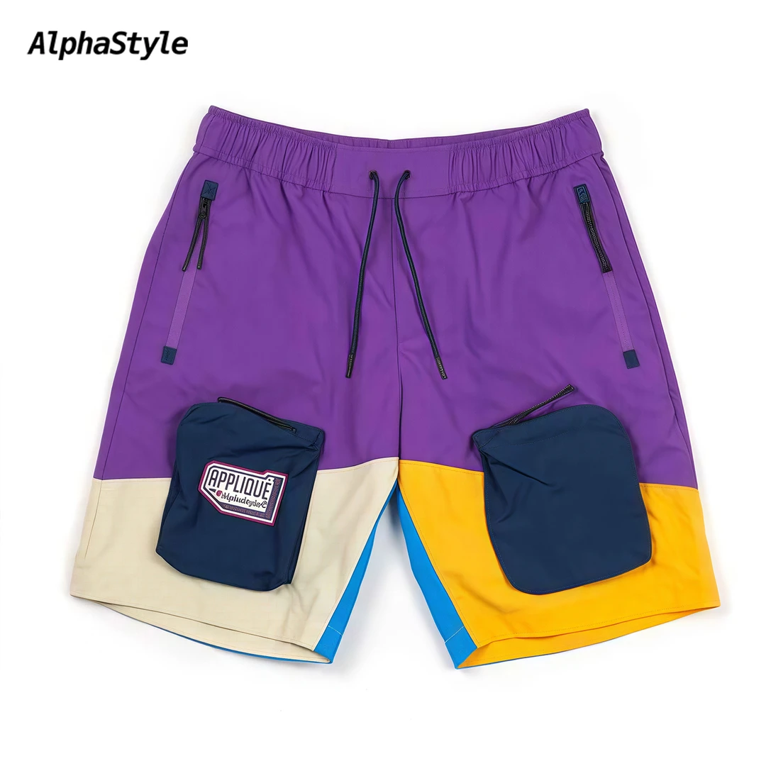 AlphaStyle夏季新款登山裤运动美式健身五分短裤拼接男女同款