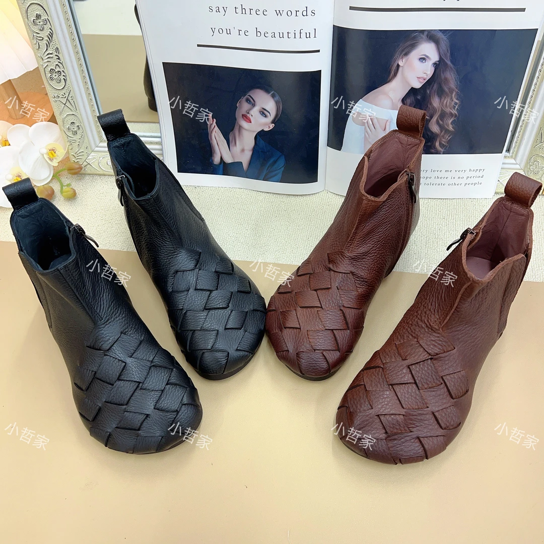 秋季编织平跟简约平底休闲风短靴圆头靴子软底复古女鞋692122