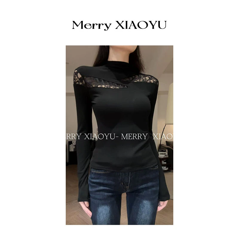 【小鱼】秋冬新款蕾丝拼接设计长袖修身显瘦百搭气质上衣打底衫