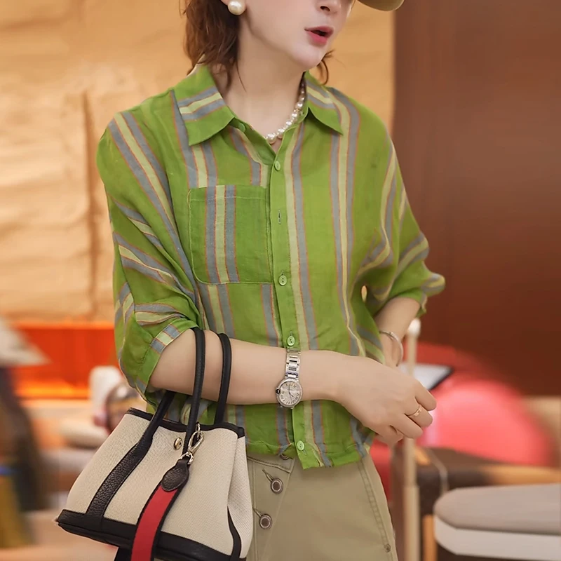 绿色条纹亚麻衬衫女士夏季2025新款时尚洋气减龄宽松显瘦休闲上衣