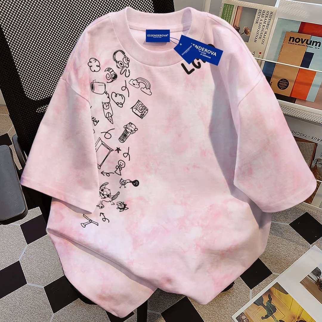 100%纯棉扎染粉色短袖t恤男女夏季韩式简约小众宽松圆领情侣上衣