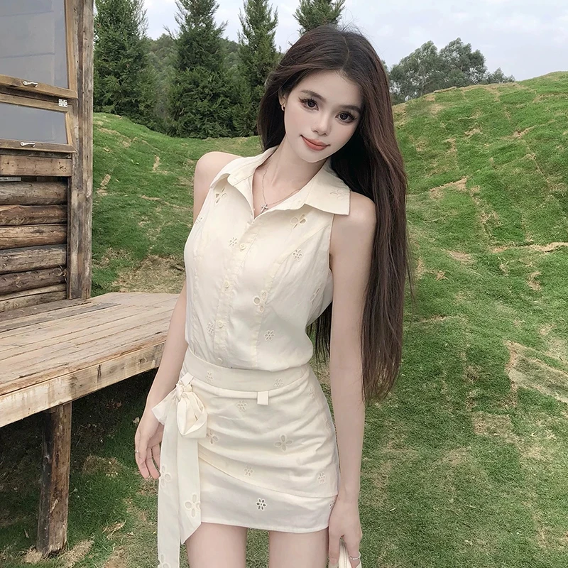 法式纯欲修身连衣裙子套装女设计感小众无袖背心上衣半身短裙夏季