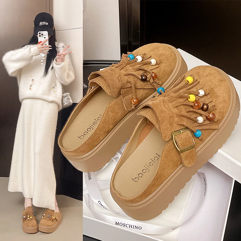 厚底磨砂包头勃肯鞋女2025秋季新款增高串珠流苏一脚蹬百搭半拖鞋