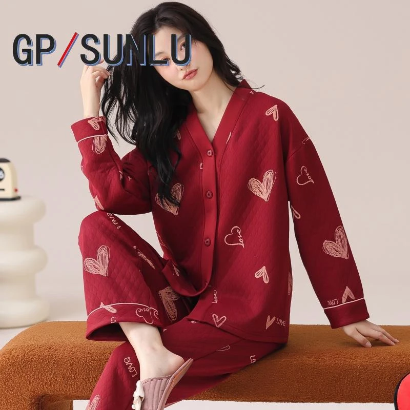 日本小众GP喜庆睡衣女款秋冬季大红色空气棉夹层本命年春秋款韩范