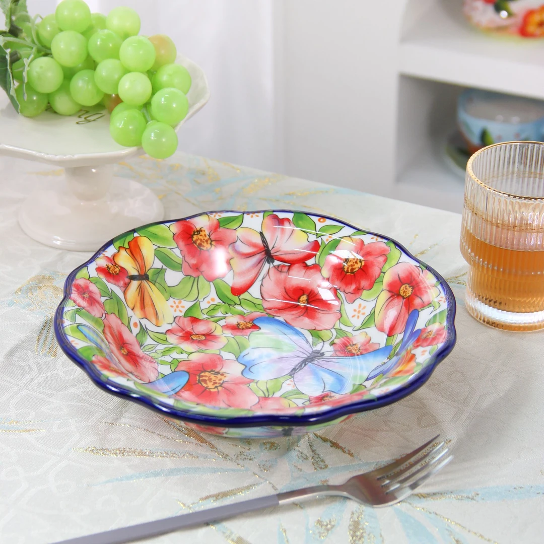 花间蝶语系列陶瓷盘子8.5英寸汤盘饭盘菜盘凉菜盘小吃盘