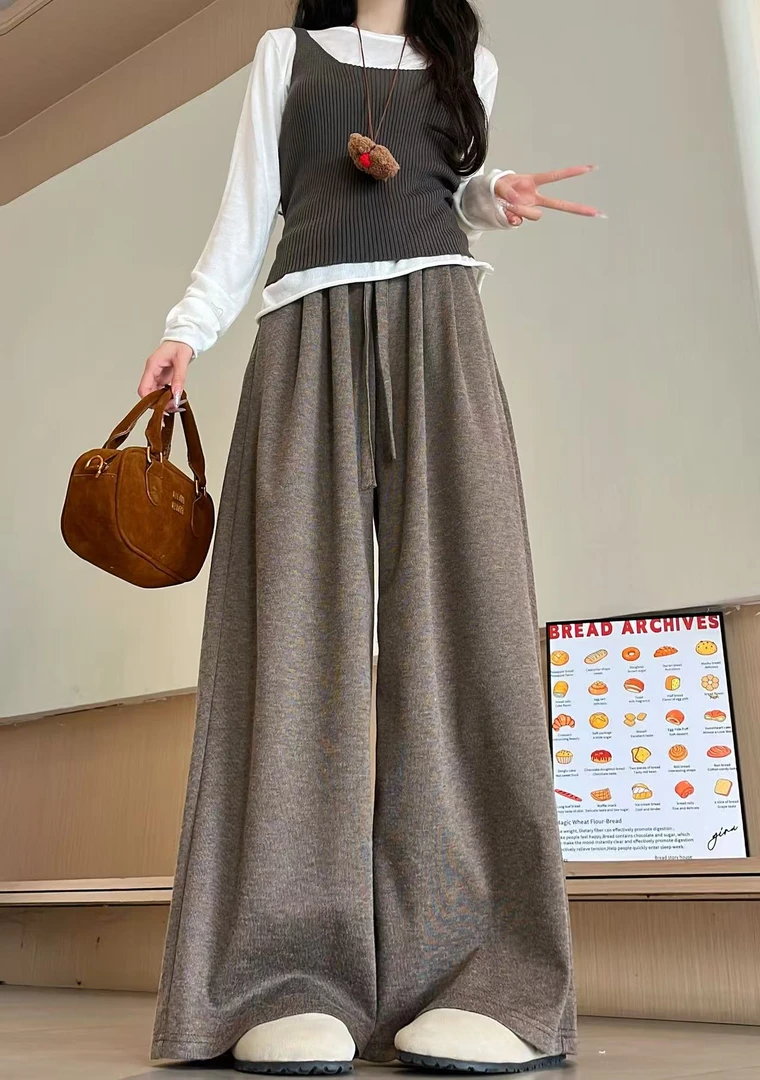 咖色针织糯米裤女秋季高腰宽松休闲裤慵懒直筒垂感百搭长裤